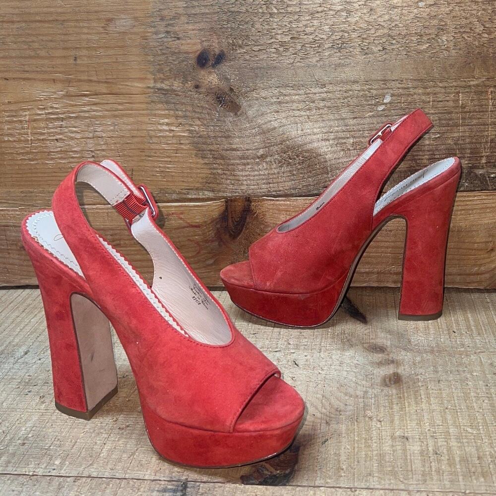 Jean Michal Cazibet Women's •Shikira• Peep-Toe Platform Sling-back 37.5 Red Kid - Picture 5 of 5